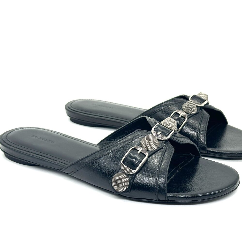 BALENCIAGA Cagole Studded Buckled Arena Leather Flat Slides Mules Sandals - Picture 10 of 16